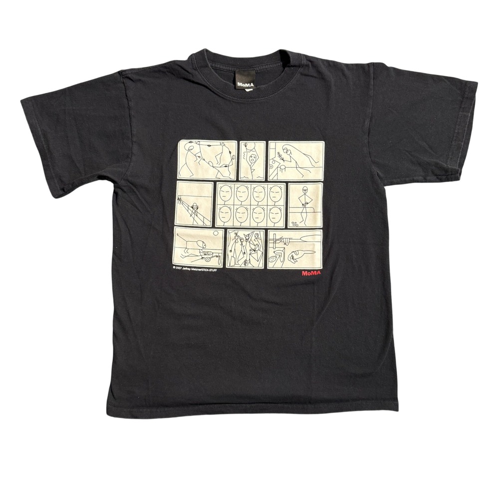 Vintage 2007 MoMA Jeffrey Metzner Stick-Stuff Art Graphic T-Shirt Black Medium